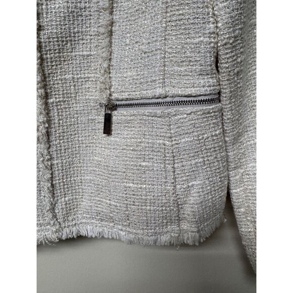 LAFAYETTE 148 Tweed Fringe Zip Front Blazer, Ivory, Pockets, Sz 8 - Picture 9 of 13